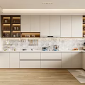 Modern Kitchen Interior With White Cabinets Wooden Floors And Hexagonal Tile Backsplash 3d model