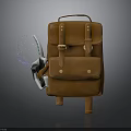 Brown Leather Backpack With Metal Buckles And Mechanical Arm Interaction On Dark Background