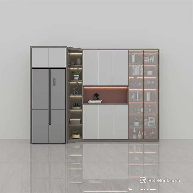 Modern Wine Cabinet With Glass Doors Display Shelves And Storage In Kitchen Interior 3d model 