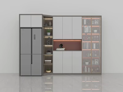 Modern Wine Cabinet With Glass Doors Display Shelves And Storage In Kitchen Interior 3d model