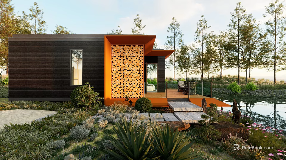 Modern House Exterior With Orange Perforated Wood Accent Wall Garden Stone Pathway And Surrounding Trees 3d model 