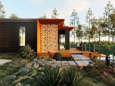 Modern House Exterior With Orange Perforated Wood Accent Wall Garden Stone Pathway And Surrounding Trees 3d model