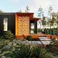 Modern House Exterior With Orange Perforated Wood Accent Wall Garden Stone Pathway And Surrounding Trees