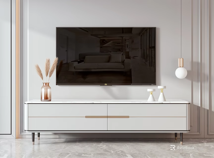 Modern Minimalist TV Stand With Marble Top And Wall Mounted TV Decorative Ornaments 3d model 