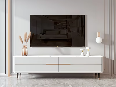 Modern Minimalist TV Stand With Marble Top And Wall Mounted TV Decorative Ornaments 3d model