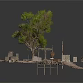 Rustic Outdoor Wooden Scene Design With Tree Fences Pavilion And Planks