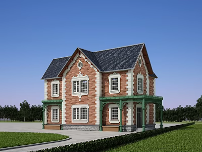Two Story Detached Villa With Red Brick Exterior White Frames Black Roof And Green Porch 3d model