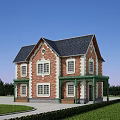 Two Story Detached Villa With Red Brick Exterior White Frames Black Roof And Green Porch