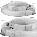 Two Seater Circular Velvet Sofa Upholstered Beige Gray With Pillows Throw Blanket Side Tables