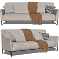 Modern Beige Fabric Sectional Sofa With Striped Throw Pillows Brown Blanket And Metal Legs