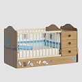 Wooden Baby Crib with Owl Branch Prints Footprints Storage Drawers and Blue White Striped Bedding
