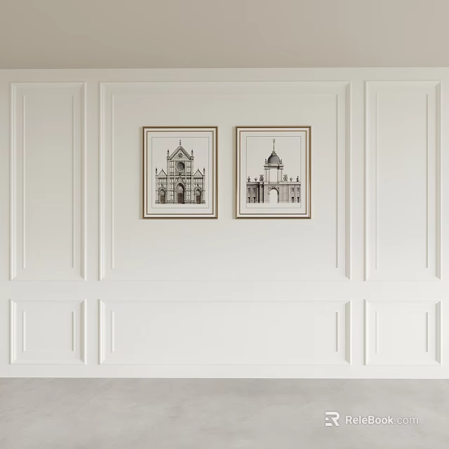Bedroom Accent Wall With White Wainscoting And Two Framed Black White Architectural 3d model 