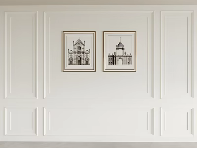 Bedroom Accent Wall With White Wainscoting And Two Framed Black White Architectural 3d model