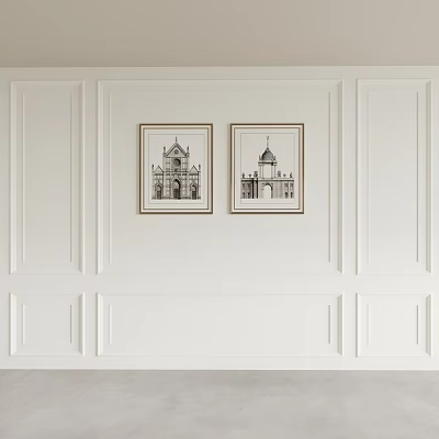 Bedroom Accent Wall With White Wainscoting And Two Framed Black White Architectural 3d model