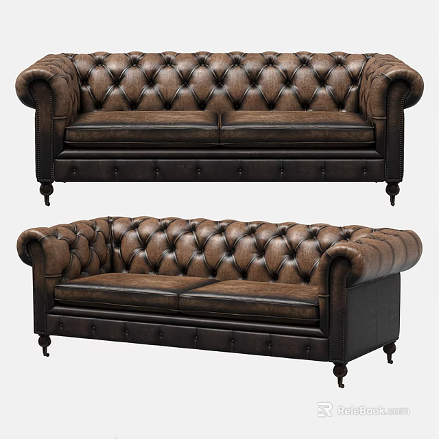 Elegant Brown Leather Tufted Two Seater Sofa With Curved Armrests And Classic Design 3d model 