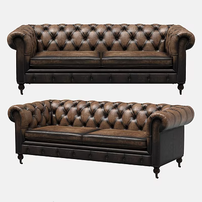 Elegant Brown Leather Tufted Two Seater Sofa With Curved Armrests And Classic Design 3d model