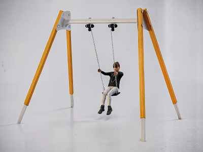 Man Swinging on Yellow and White Metal Swing Set Frame in White Background 3d model