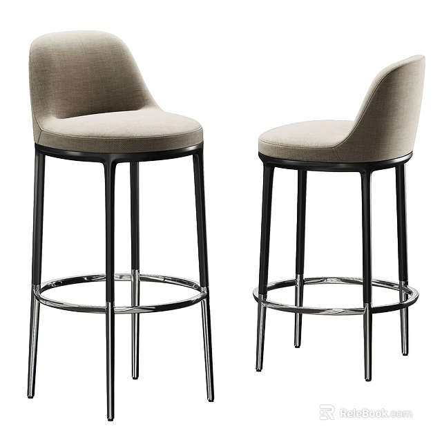 Modern Light Gray Fabric Bar Stools With Black Metal Frame And Round Footrest 3d model 