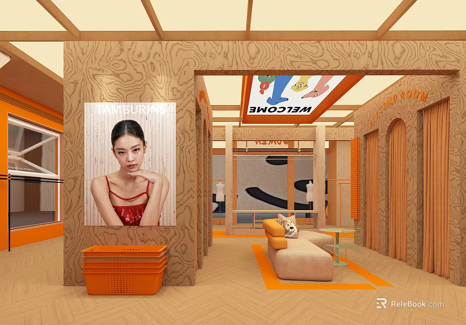 Stylish Warm Wooden Fashion Clothing Store Interior With Cozy Lounge Space And Attractive Brand Posters 3d model 