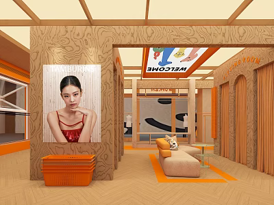 Stylish Warm Wooden Fashion Clothing Store Interior With Cozy Lounge Space And Attractive Brand Posters 3d model