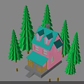 Pink House With Blue Roof And Wooden Porch Surrounded By Green Pine Trees