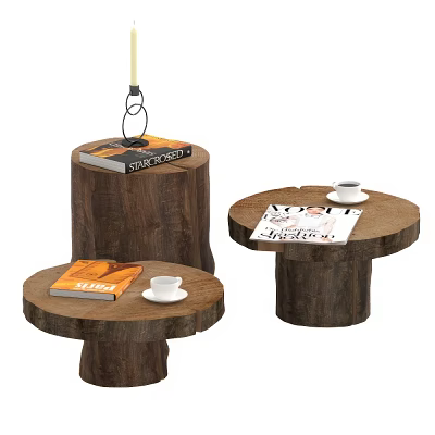 Wooden Tree Stump Shaped Side Tables with Books and Coffee Cups in Rustic Home Decor 3d model