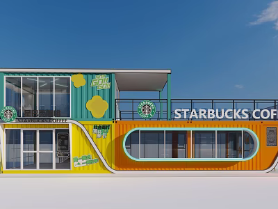 Colorful Container Building for Starbucks Coffee with Large Glass Windows and Bright Facade 3d model