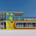 Colorful Container Building for Starbucks Coffee with Large Glass Windows and Bright Facade