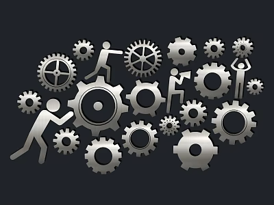 Human Silhouettes Interacting With Interconnected Gears In Mechanical Design 3d model