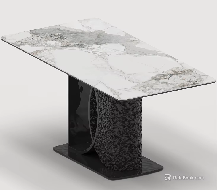Modern Dining Table Set With White Marble Tabletop Gray Veining And Black Unique Legs 3d model 
