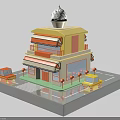 Modern Two Story Ice Cream Shop Building With Yellow Orange Exterior Awning Cars And Plants
