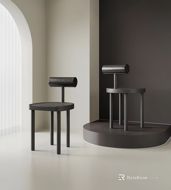 Modern Black Single Chair With Round Seat Slim Legs Cylindrical Backrest And White Shutters 3d model 