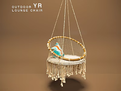 Outdoor Woven Hanging Lounge Chair With Tassels And Cozy Decorative Pillow 3d model