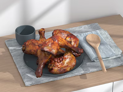 Juicy Roasted Chicken Legs On Plate With Gray Placemat Wooden Spoon And Cup On Table 3d model