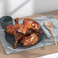 Juicy Roasted Chicken Legs On Plate With Gray Placemat Wooden Spoon And Cup On Table