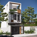 Modern Three Story Detached Villa Exterior With Wooden Accents Balcony Green Plants Large Trees