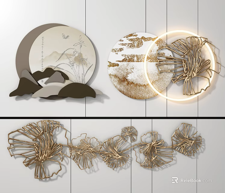 Chinese Style Circular Wall Decor With Metal Artwork And Landscape Patterns 3d model