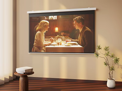 Home Theater Projector Screen Showing People Dining At Table In Cozy Room 3d model