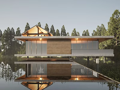 Modern Detached Villa With Wooden Roof Large Glass Windows And Water Reflection 3d model