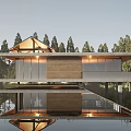 Modern Detached Villa With Wooden Roof Large Glass Windows And Water Reflection