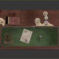 Mahogany Wooden Desk With Green Writing Top And Drawers Featuring Books Candles And Ink Bottle