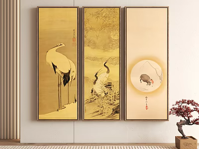 Three Traditional Animal Paintings As Wall Decoration With Crane And Boar 3d model Three Traditional Animal Paintings As Wall Decoration With Crane And Boar 3d model