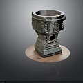 Carved Stone Basin With Square Base And Intricate Carvings On Wooden Platform