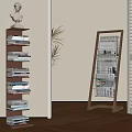 Stylish Interior With Book Stack Shelf Floor Mirror White Bust Sculpture And Potted Plant