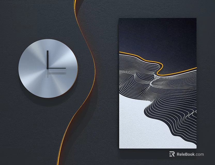 Modern Wall Decor Featuring Silver Circular Clock And Abstract Wave Pattern Painting With Yellow Accent 3d model 