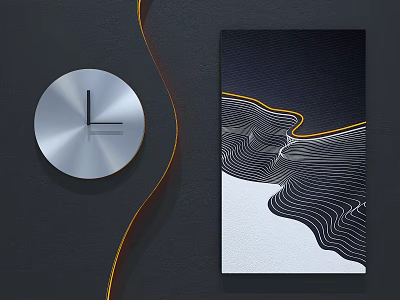 Modern Wall Decor Featuring Silver Circular Clock And Abstract Wave Pattern Painting With Yellow Accent 3d model