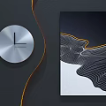 Modern Wall Decor Featuring Silver Circular Clock And Abstract Wave Pattern Painting With Yellow Accent 3d model