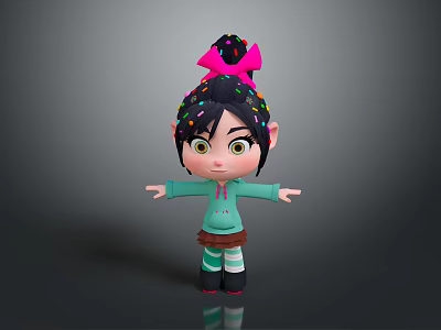 Cute Cartoon Child With Pink Bow Colorful Glitter Hair Green Hoodie Brown Skirt Arms Outstretched 3d model