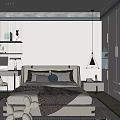 Modern Kids Room Interior with Bed Desk Computer Shelf Pendant Light and Stuffed Toys