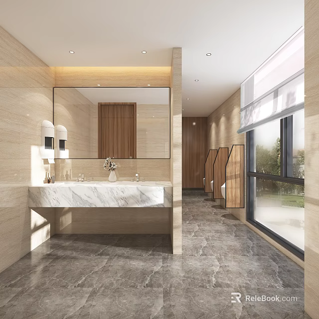 Modern Public Restroom Interior Design With Marble Countertop Mirror Stalls And Bright Windows 3d model 